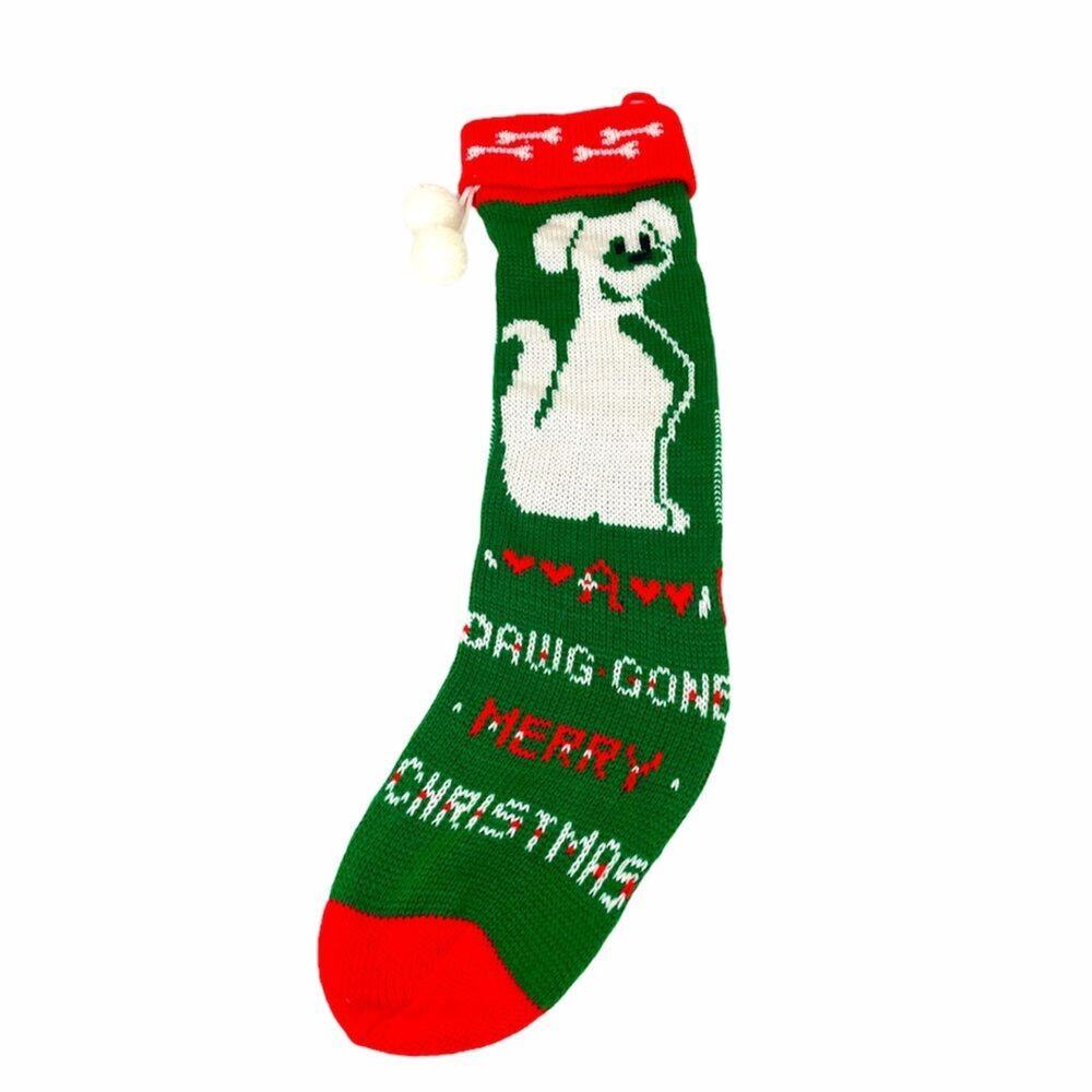 A Dawg Gone Merry Christmas Dog Knit Stocking Red Green White